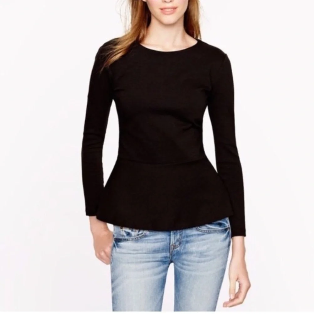 J. CREW Black Structured  Long Sleeved Ponte Knit Peplum Blouse